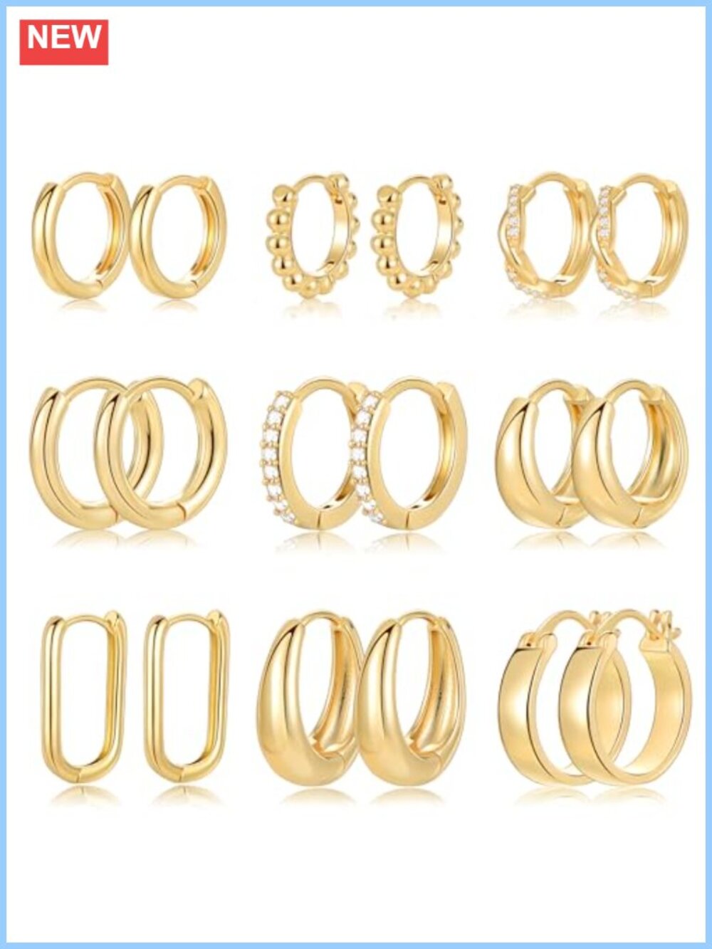 Hypoallergenic Hoop Earrings Set 9 Pairs Chunky Gold Tone 10mm 15mm 19mm